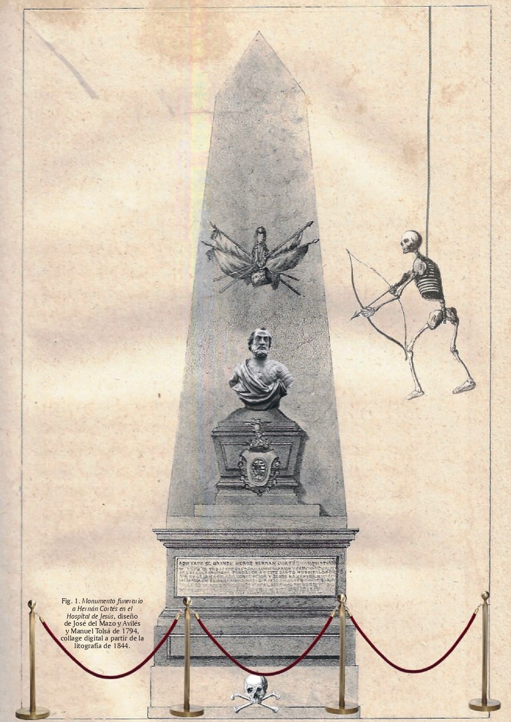 Monumento funerario a Hernán Cortés en el Hospital de Jesús, diseño de José del Mazo y Avilés y Manuel Tolsá de 1794, collage digital a partir de la litografía de 1844.